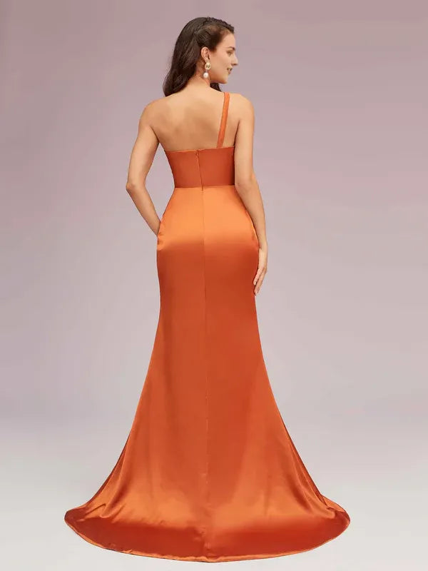 Robe de soirée sirène sexy asymétrique, fente latérale unique, en satin doux, plissée, sans manches, robe de bal